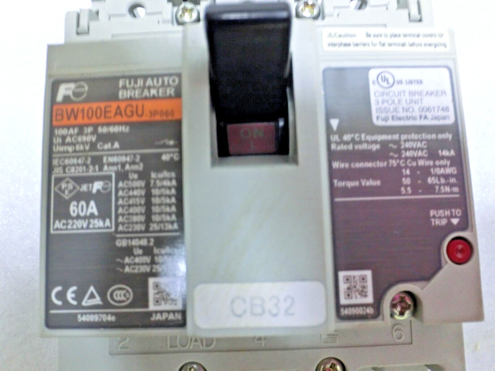 Fuji Electric BW100EAGU-3P060 Earth Leakage Current Breaker,3P,60A,Tokyo_,8988