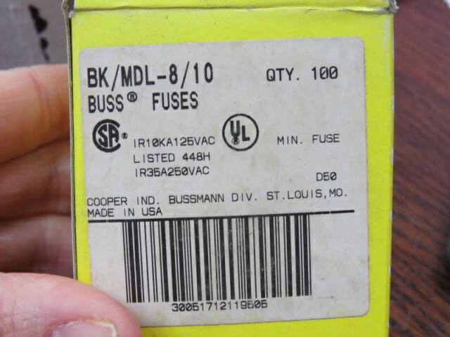 COOPER BUSSMAN BK/MDL-8/10 Qty of 20 per Lot 800mA 250V AC DC Fuse Cartridge, G