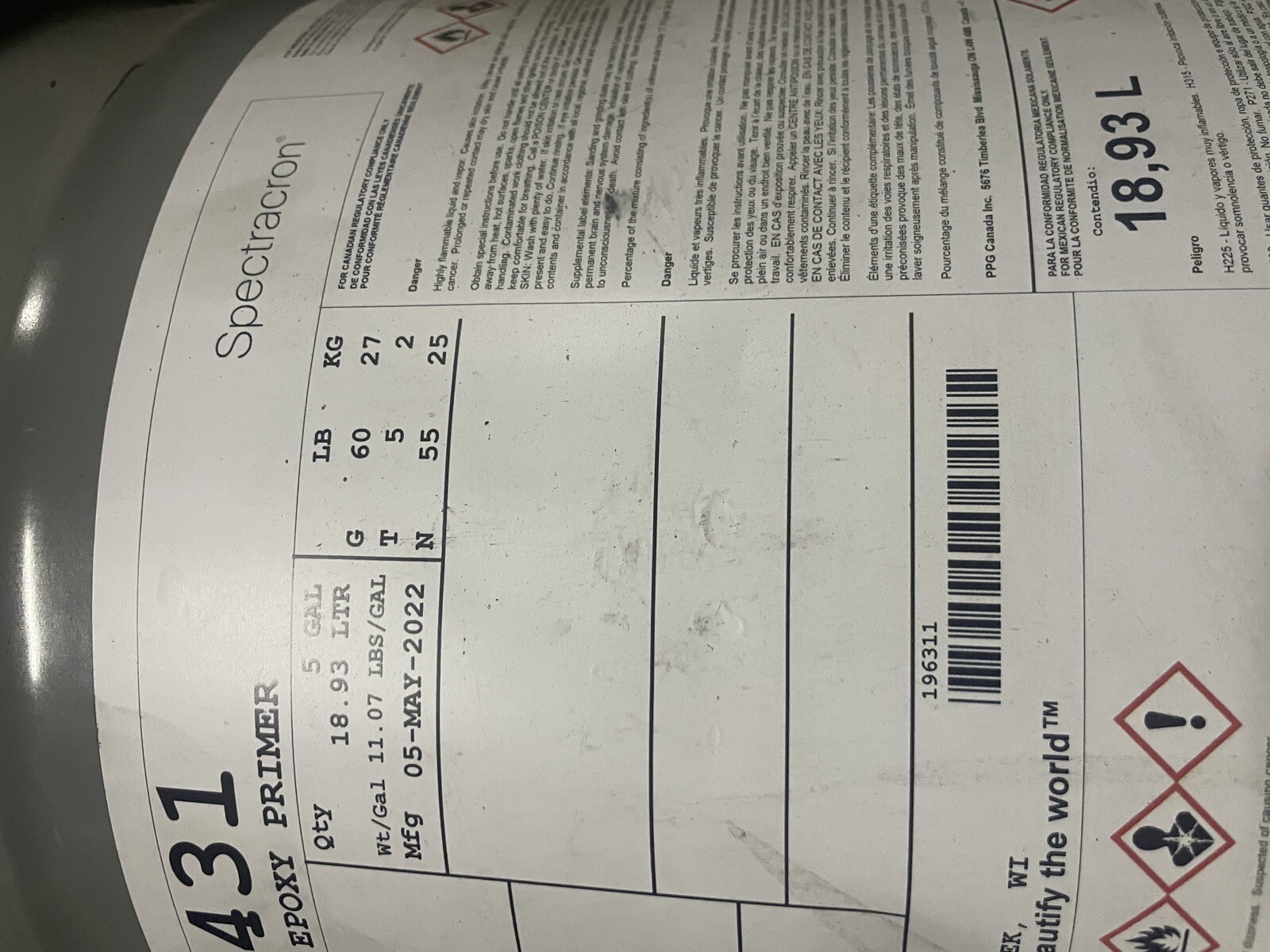 PPG SEP76431 2.8 VOC GREEN 2K EPOXY PRIMER SPECTRACRON 5 GALLONS RARE 18 LITERS