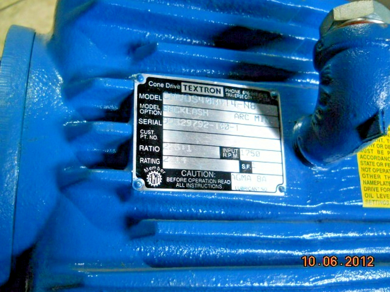 Textron Cone Drive Gearbox Gear Reducer 225:1 (35325-L10)