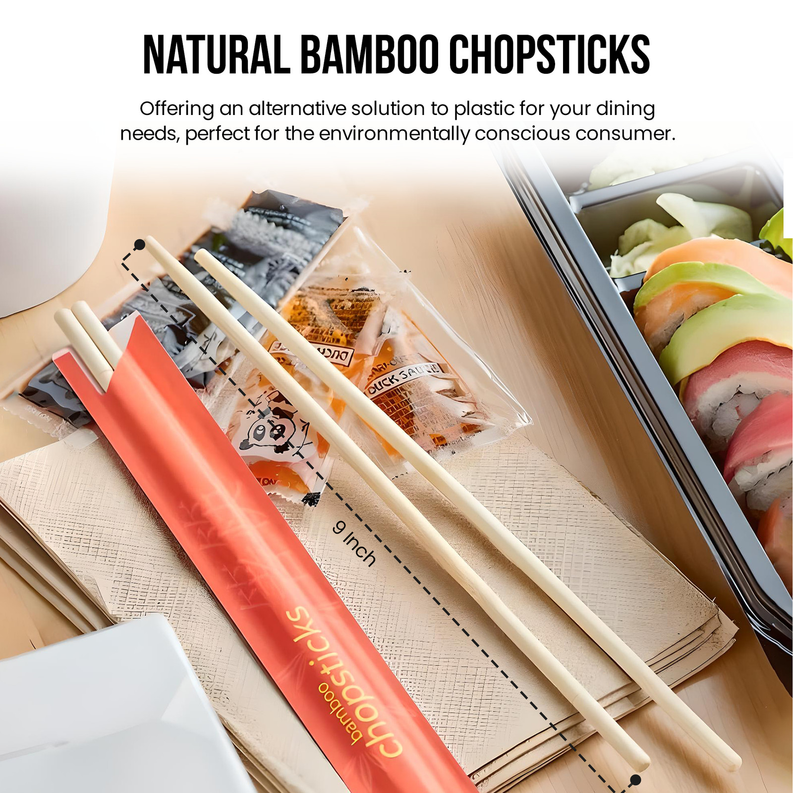 OCS Parts 9-Inch Natural Bamboo Chopsticks | 60 Pairs | Individually Wrapped