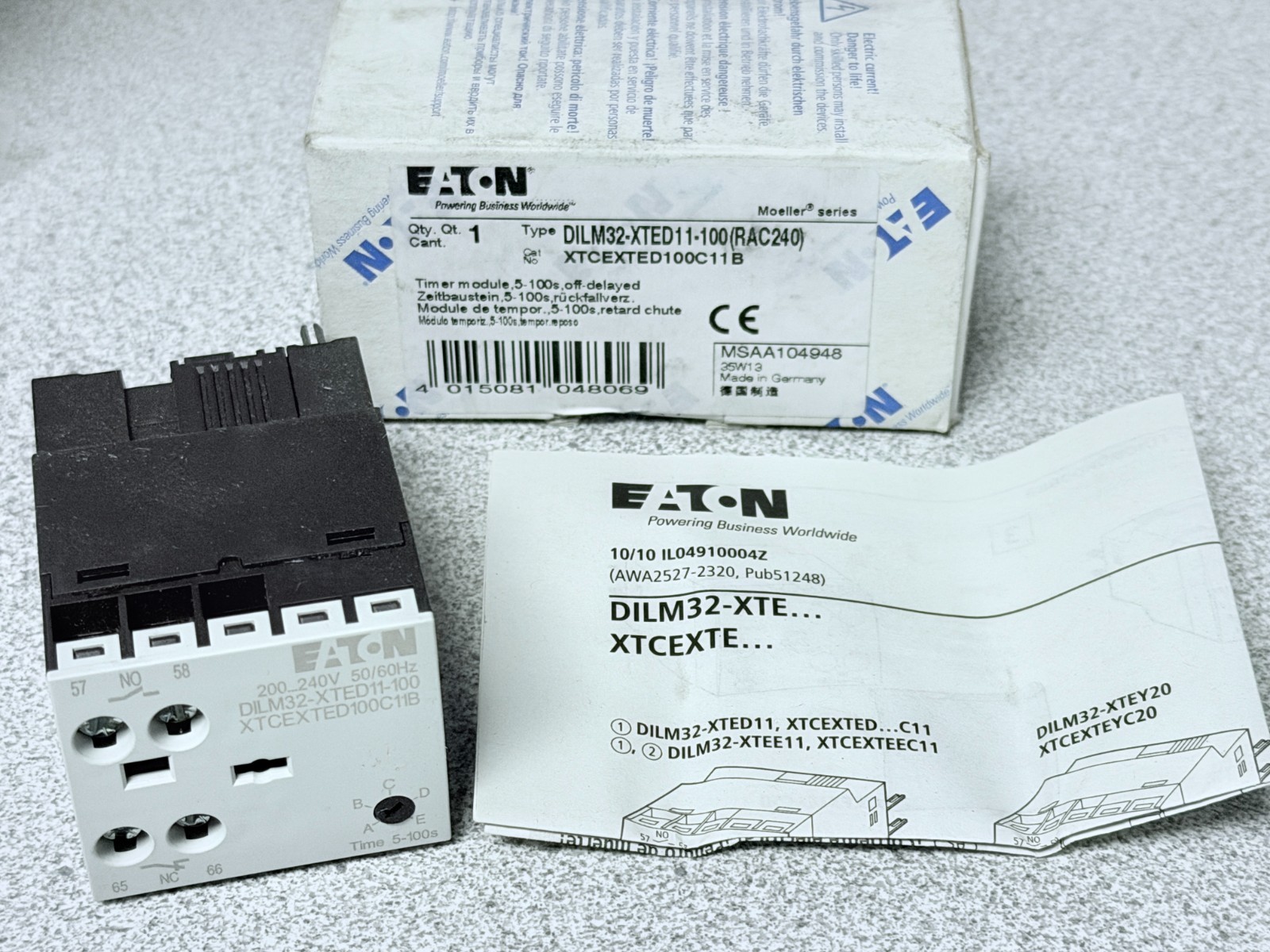 NEW Eaton XTCEXTED100C11B Contactor Timer Module, 5-100s, Off Delayed, 200-240V