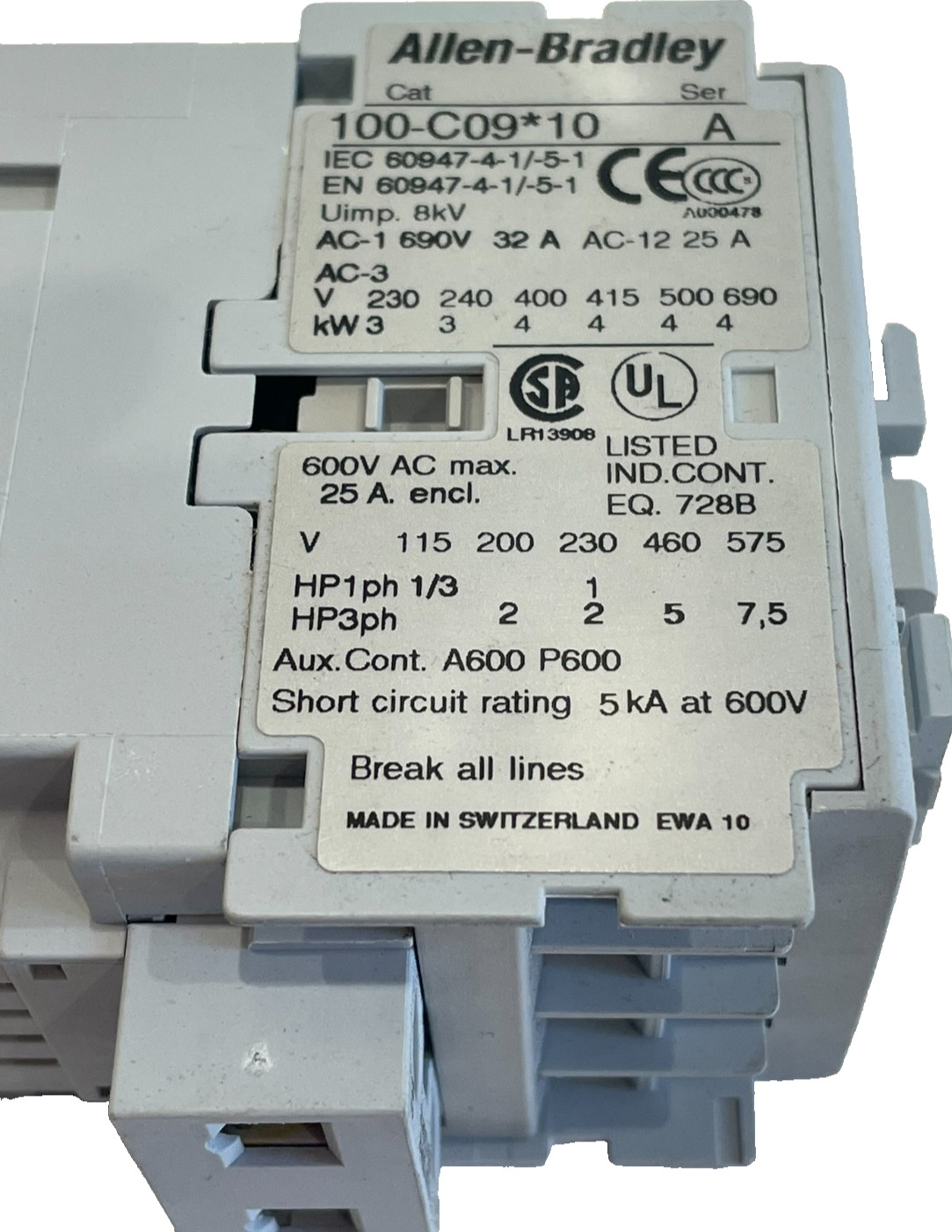 ALLEN BRADLEY 100-C09UD10 CONTACTOR SER.A 100C09UD10 NEW, SURPLUS