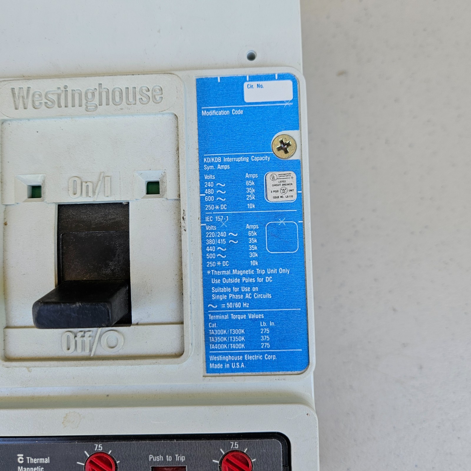 Westinghouse KD3400F Series C Circuit Breaker 400A 600VAC 3 Pole