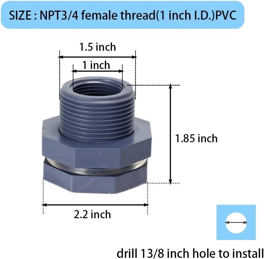 2 Pieces 3/4 Inch PVC Bulkhead Fitting for Water Barrel, Water Tank, Rain Barrel