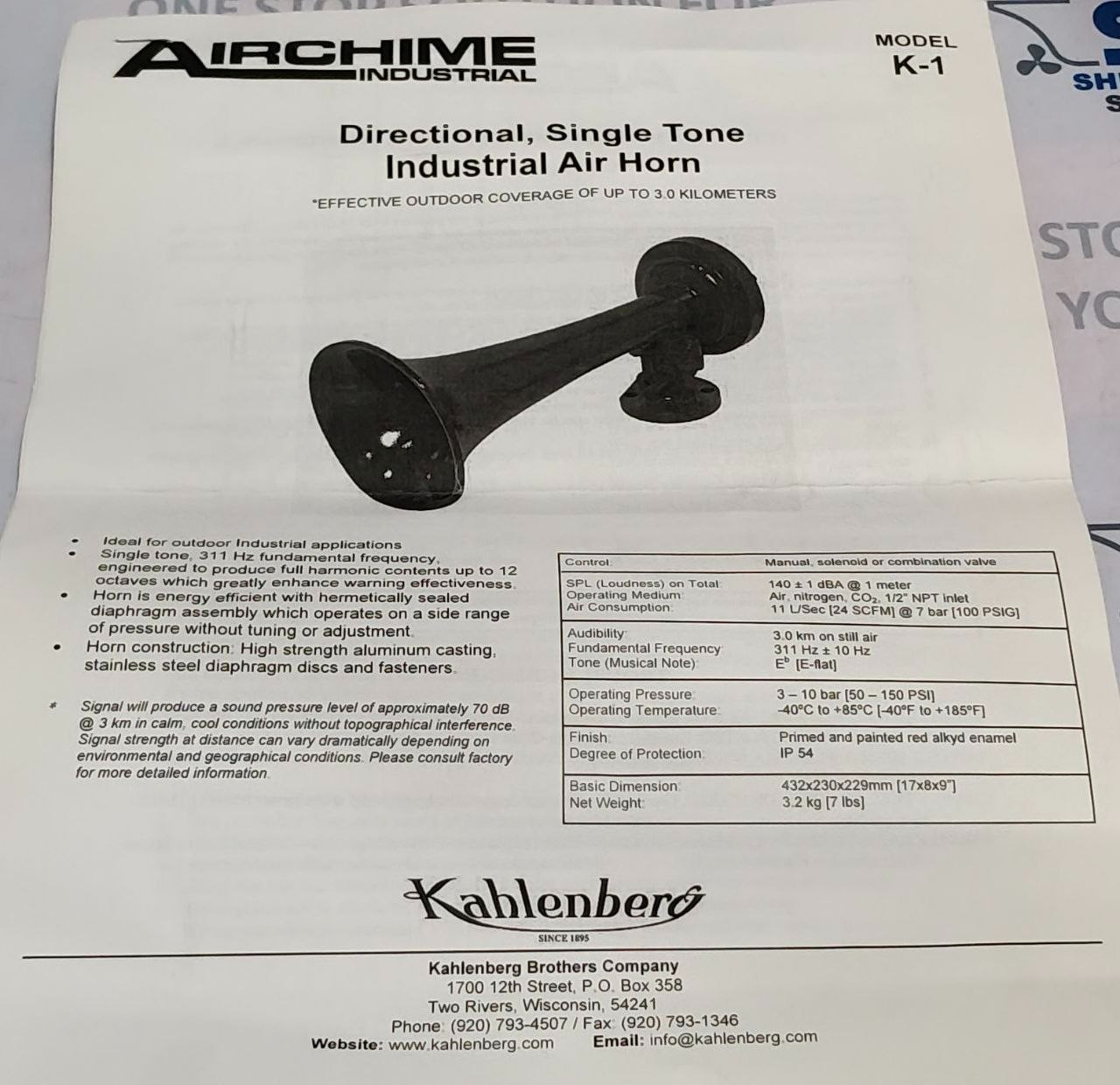 Kahlenberg K-1 Airchime Single Tone Industrial Air Horn
