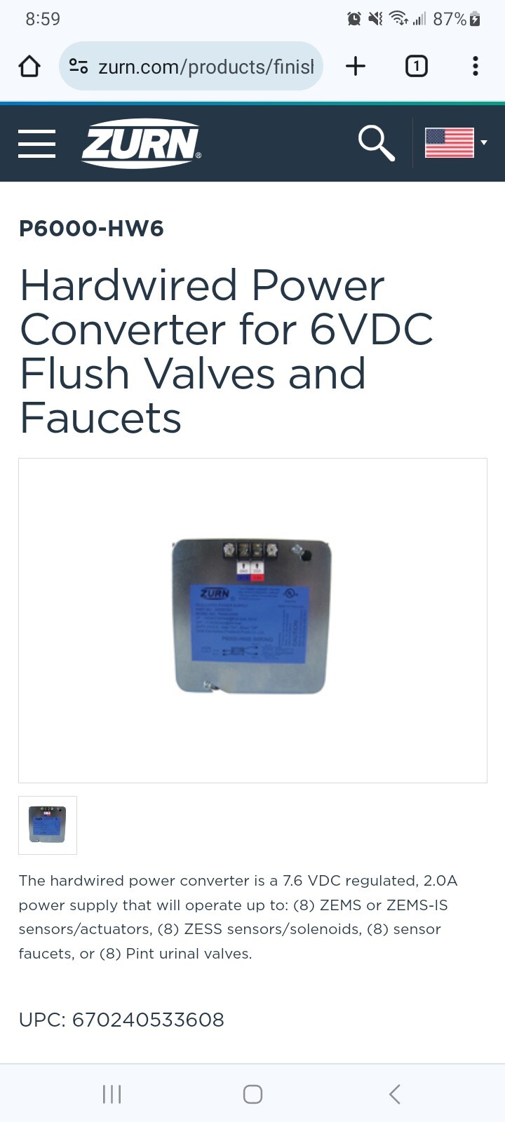 Zurn P6000-HW6 Hardwire Power Converter for 6VDC Flush Valves and Faucets