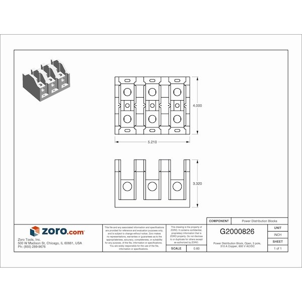 Eaton Bussmann 16323-3 Power Distribution Block, Open, 3 Pole, 310 A Copper,