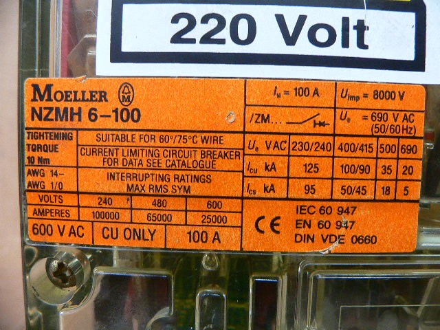 Klockner Moeller 100 Amp 3 Pole Circuit Breaker Nzm6b-100 / Zm6a-70-Na