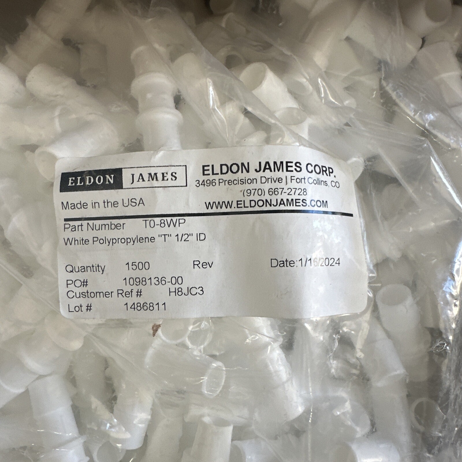ELDON JAMES T0-8WP Tee,1/2 In,Barbed,Polypropylene, Box Of 1500