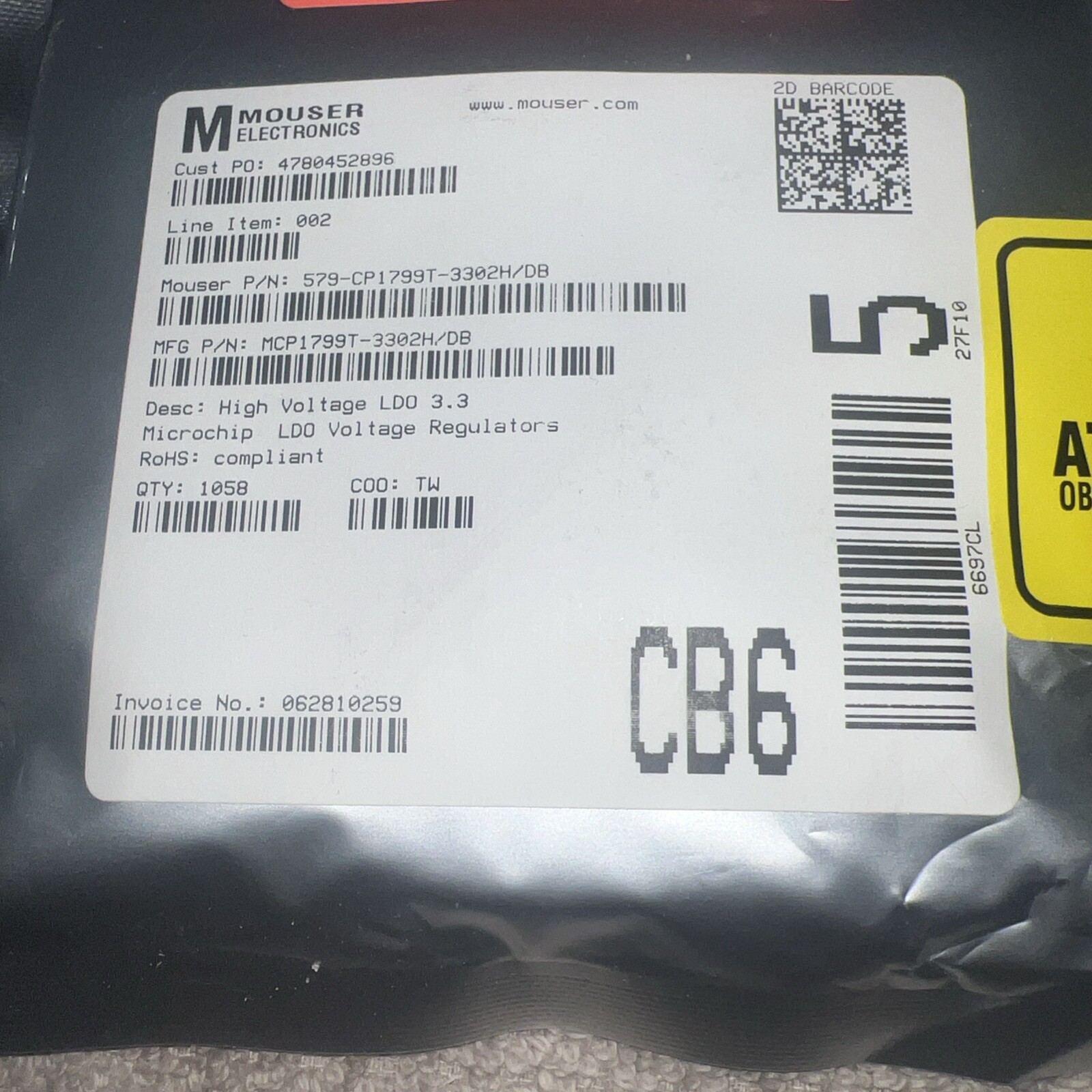 Microchip Technology MCP1799T-3302H/DB High Voltage LDO 3.3 Microchips QTY 1058