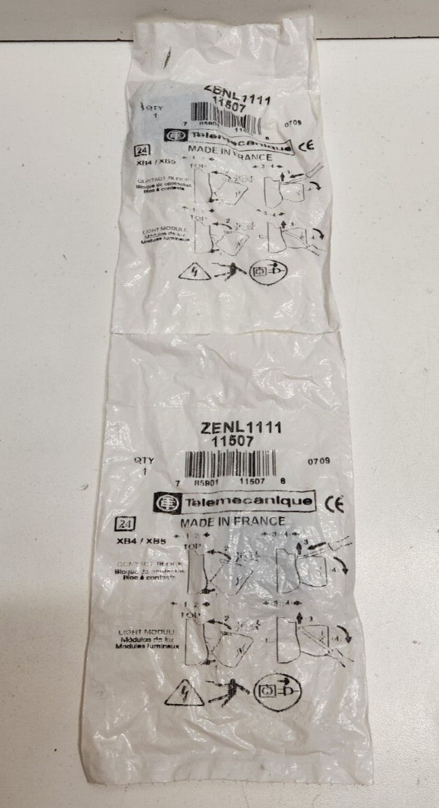 LOT OF 2 NEW IN BAG! TELEMECANIQUE 3A 200V 1NO CONTACT BLOCKS ZENL1111