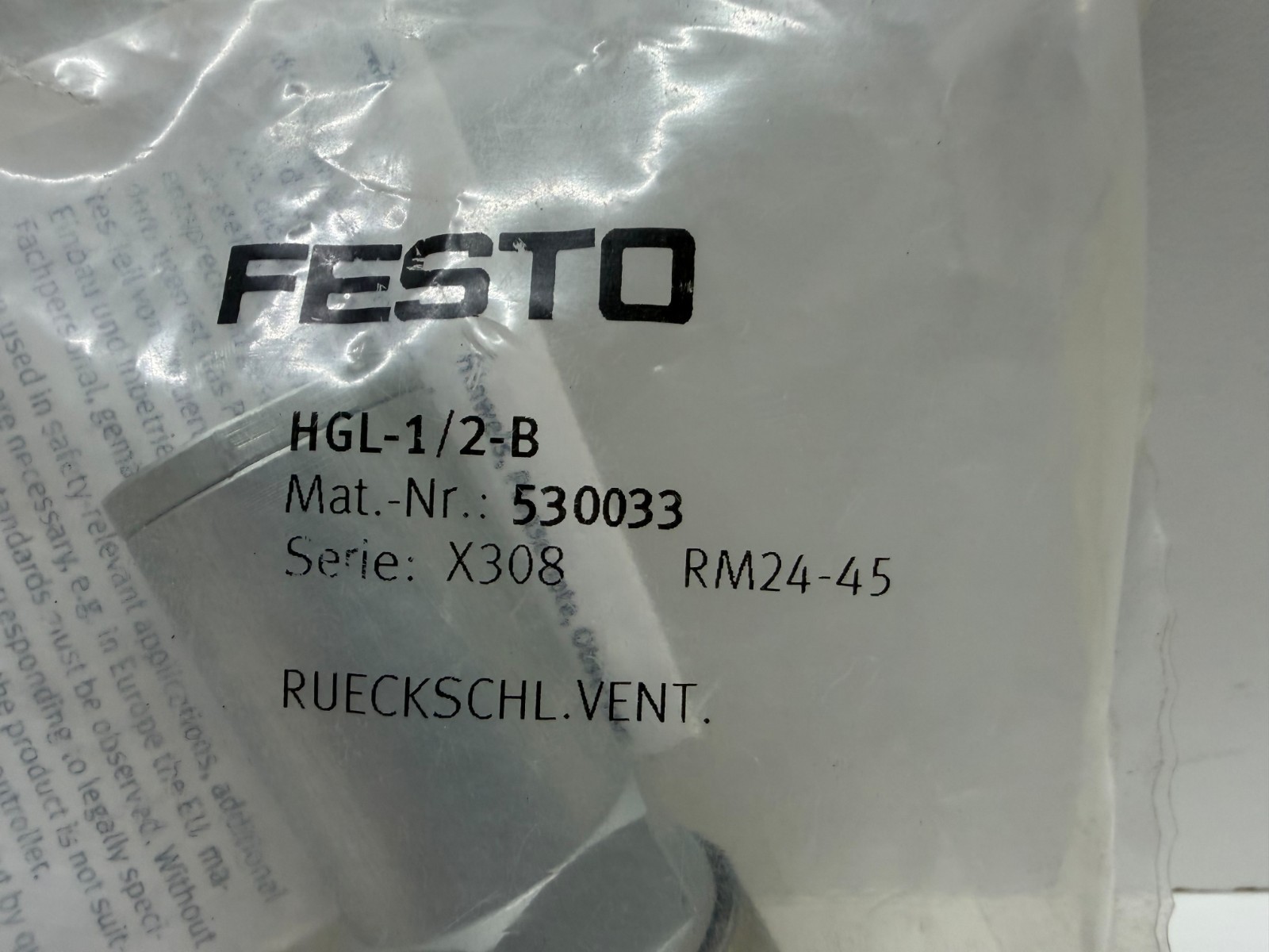 NEW IN BAG! FESTO PILOTED CHECK VALVE HGL-1/2-B