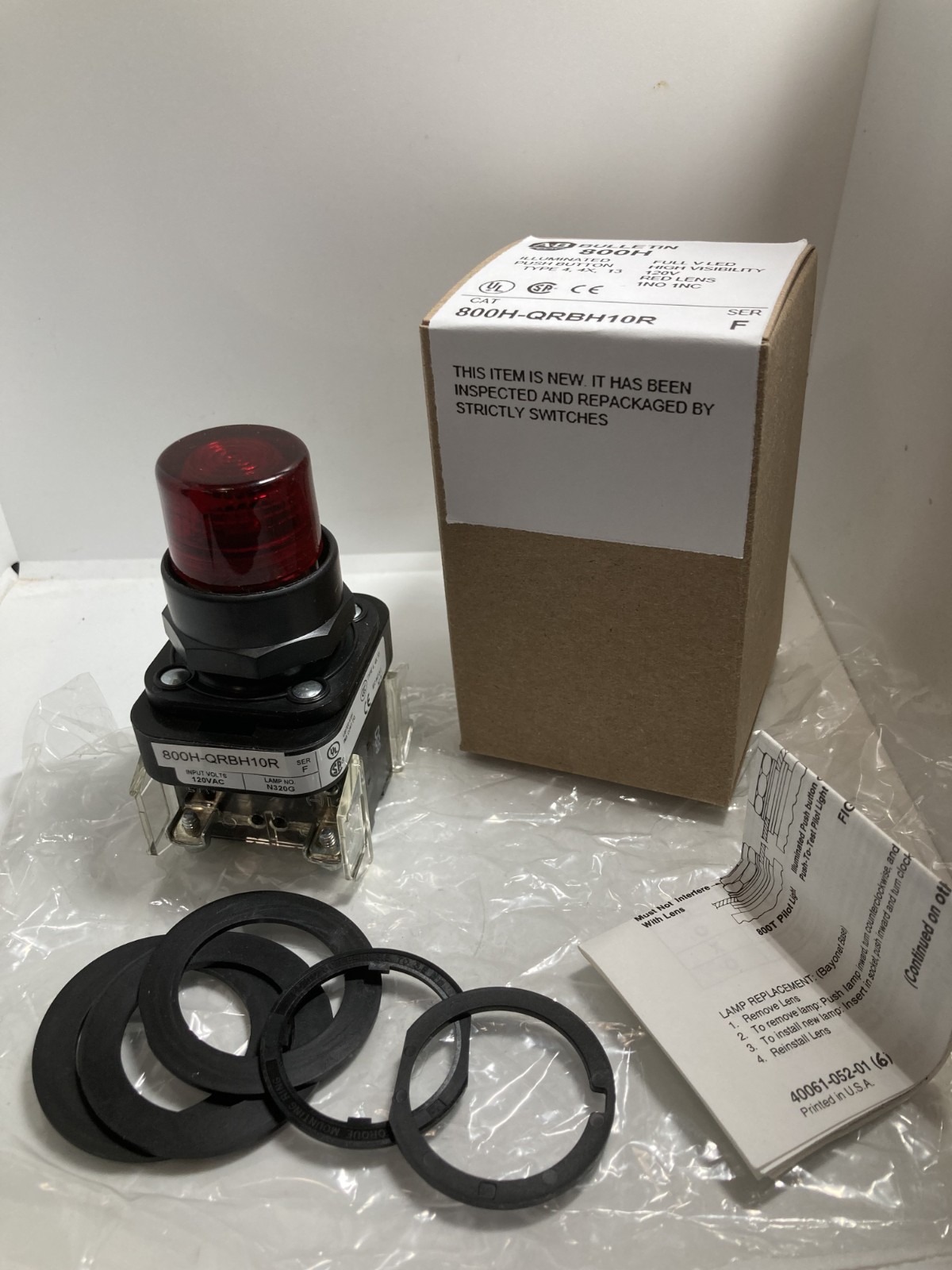 ALLEN BRADLEY 800H-QRBH10R PUSHBUTTON FULL V LED RED 1NO/1NC 120V SER F NIB