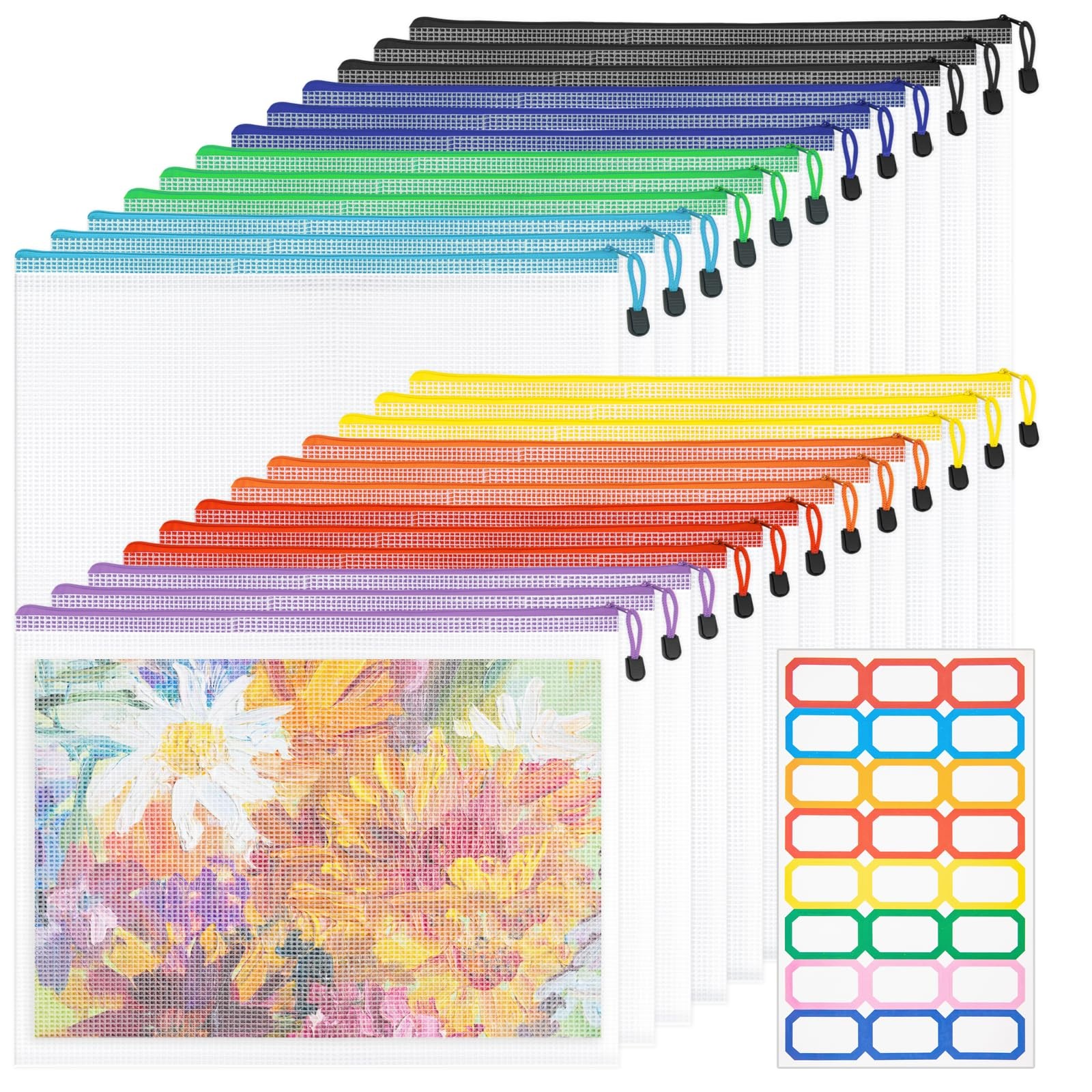 Aubeco A3 Letter Size Mesh Zipper Bag with Sticker, 24 Pack 24 pcs, 8 Color