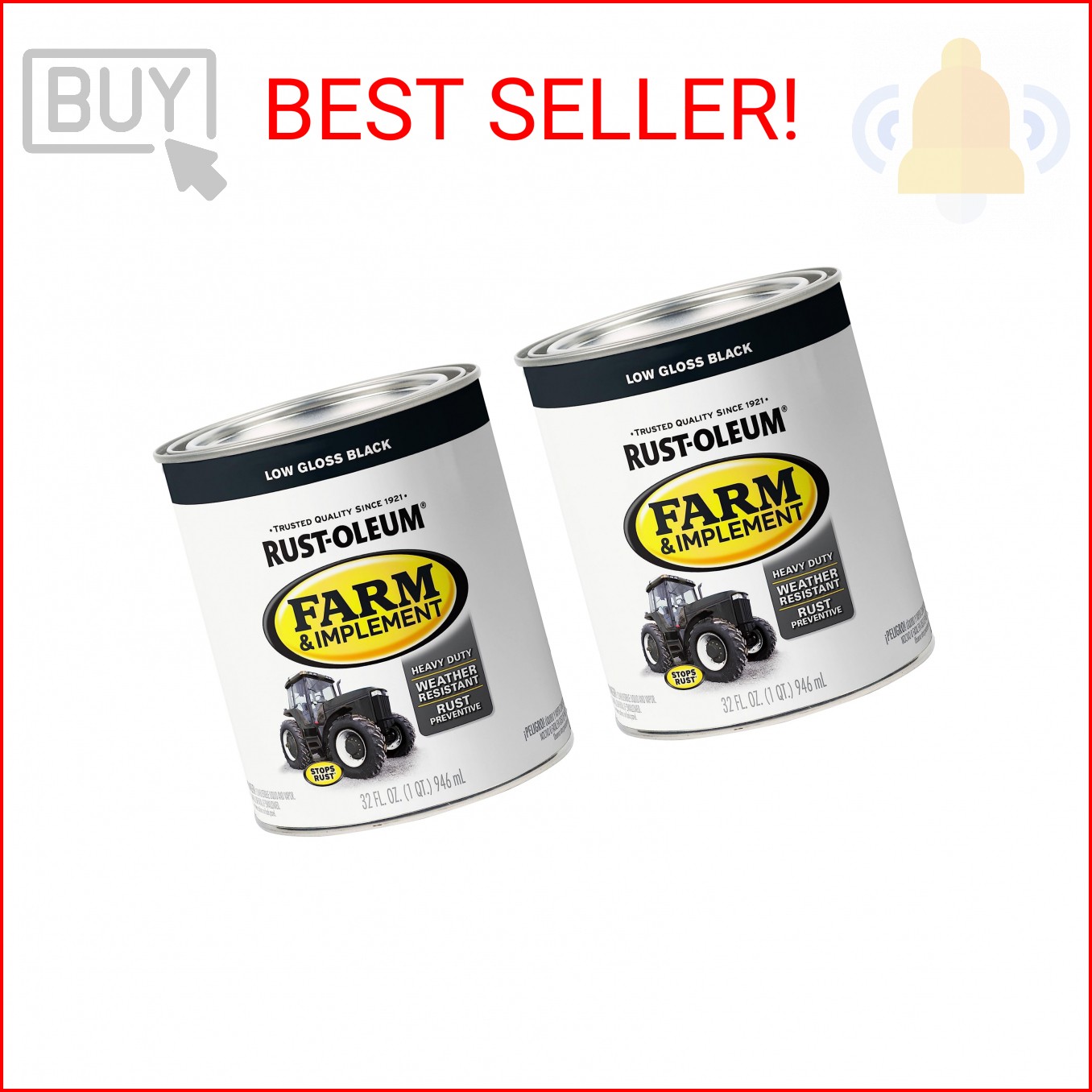 Rust-Oleum 280107-2PK Farm & Implement Enamel Paint, Quart, Low Gloss Black, 0.2