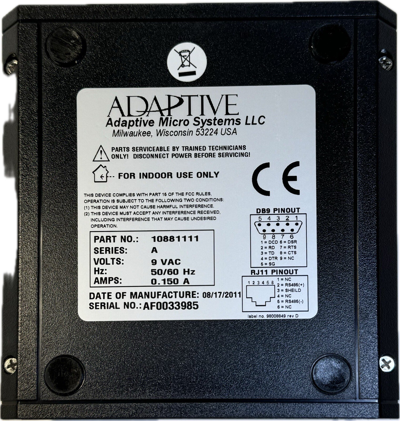 Adaptive Micro Systems 10881111 Ser. A RS-232/RS-485 Converter 9VAC 50/60hz 0.15