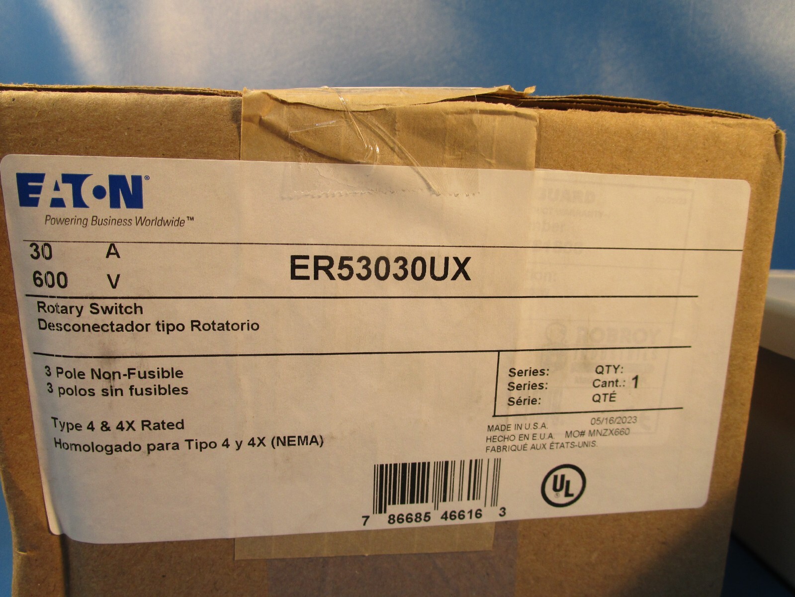 EATON ER53030UX, Enclosed Rotary Safety Switch, Disconnect, Switch, 3-Pole, 30A
