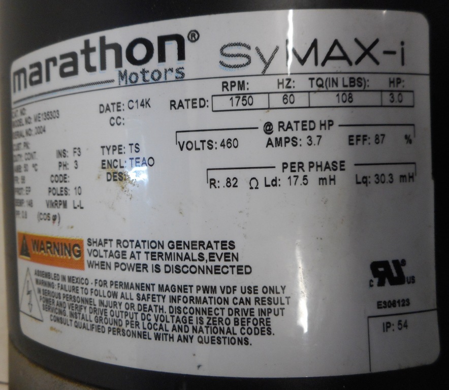 MARATHON SYMAX-I MOTOR, ME135303, 3 HP, 460 VOLTS, 3.7 AMPS, 3-PHASE, 1750 RPM