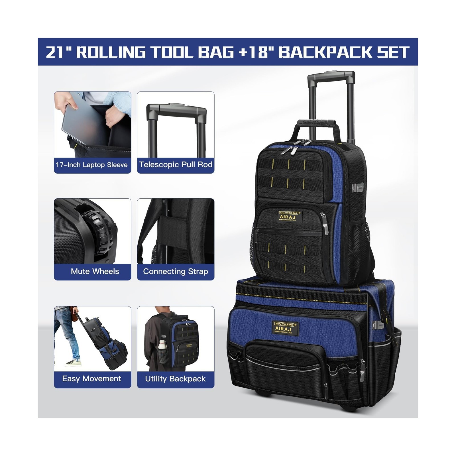 Rolling Tool Bag,21″ Tool Bag with Wheels & 18″ Tool Backpack,Waterproof Port…