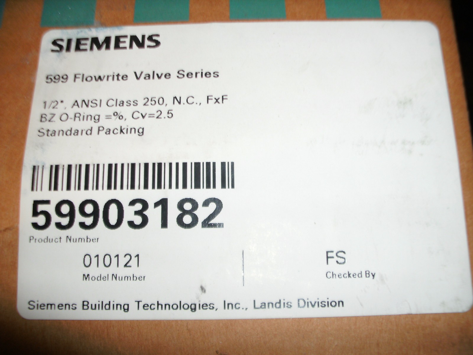 SIEMENS 599 FLOWRITE VALVE 599-03182 1/2″ FNPT NC BRASS TRIM Cv 2.5
