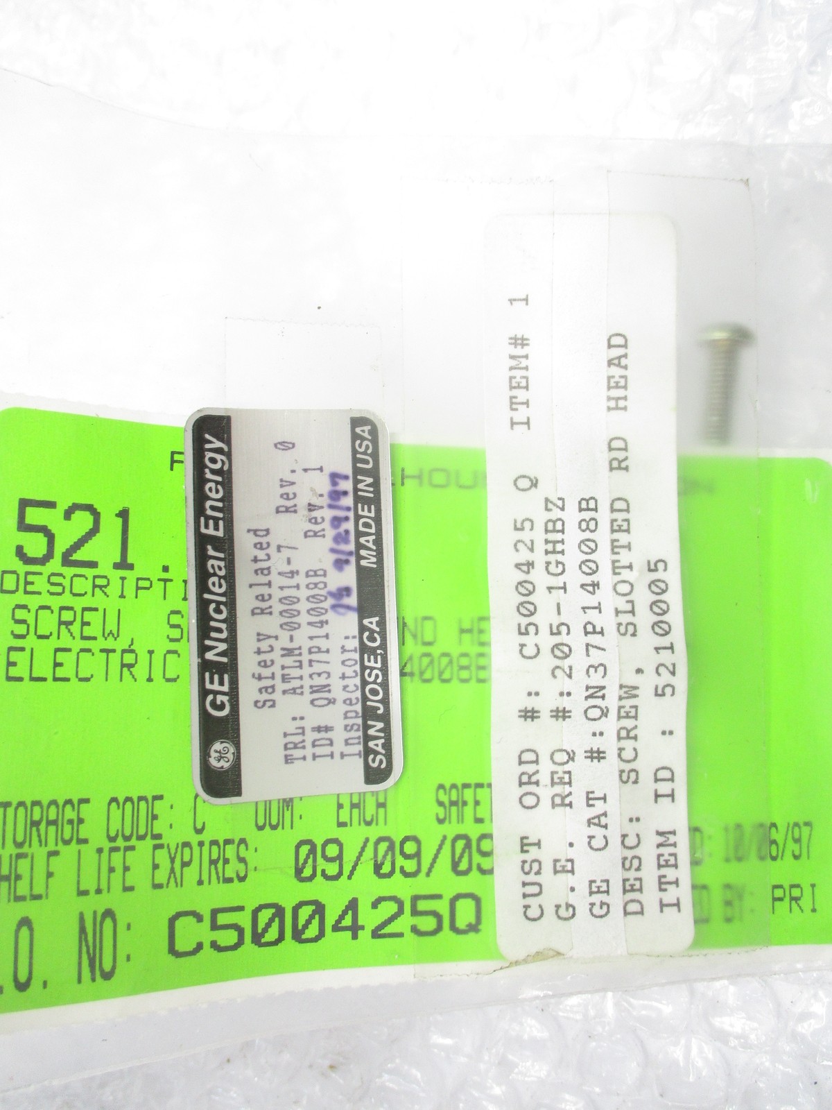 GE NUCLEAR ENERGY QN37P14008B SCREW NSMP