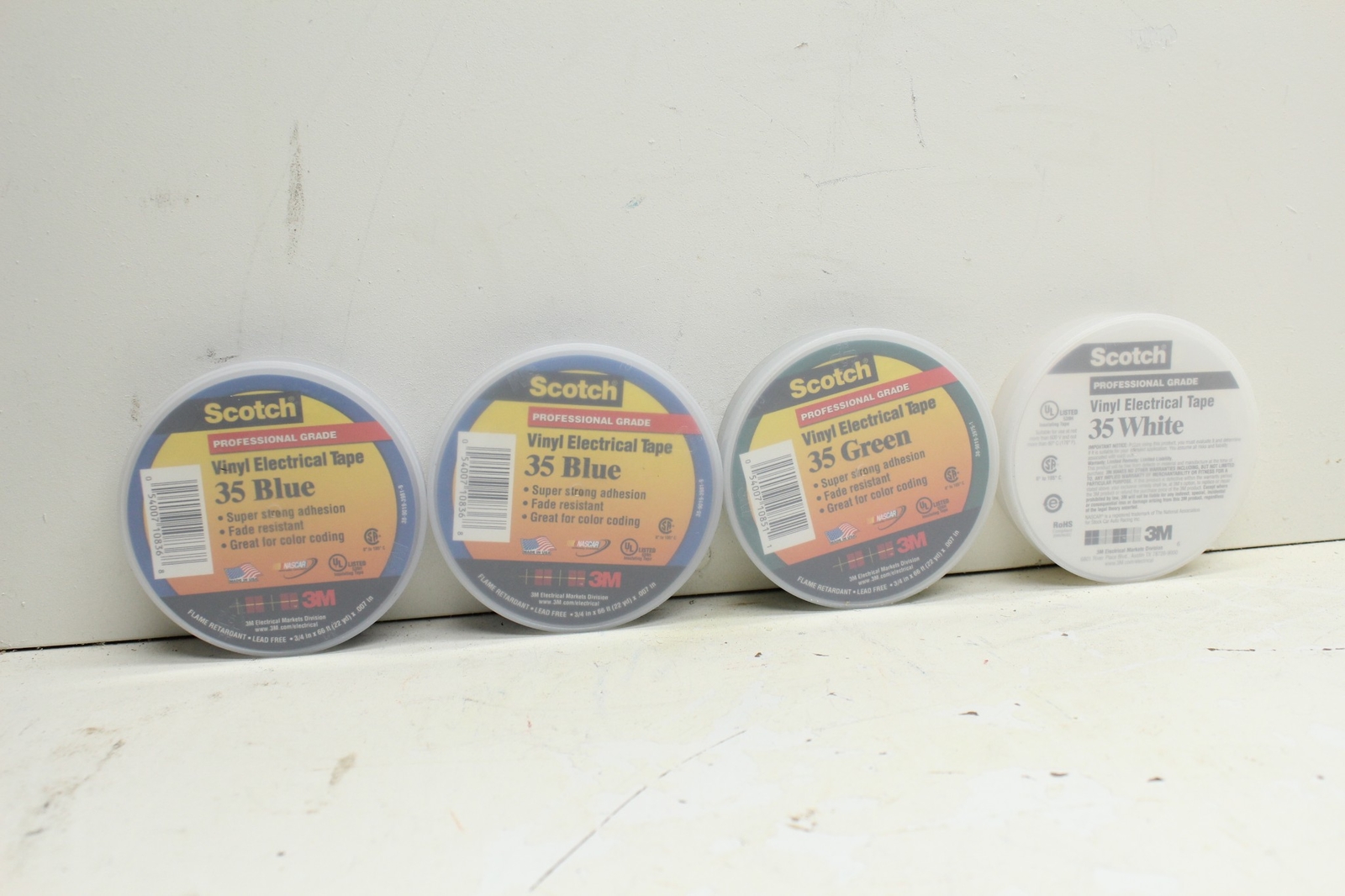 Scotch Vinyl Electrical Tape 35 (1) White (1) Green & (2) Blue 3/4″ X 66′ Rolls