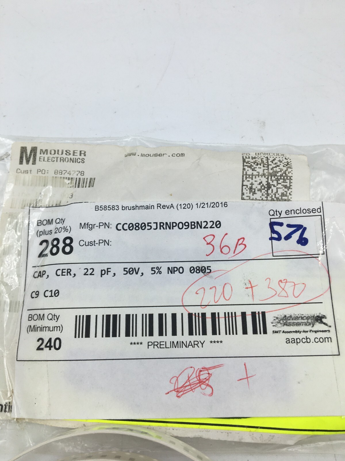 Mouser Electronics Lot of 600, CAP, CER, 22 pf, 50V, 5%, CC0805JRNP09BN220 New