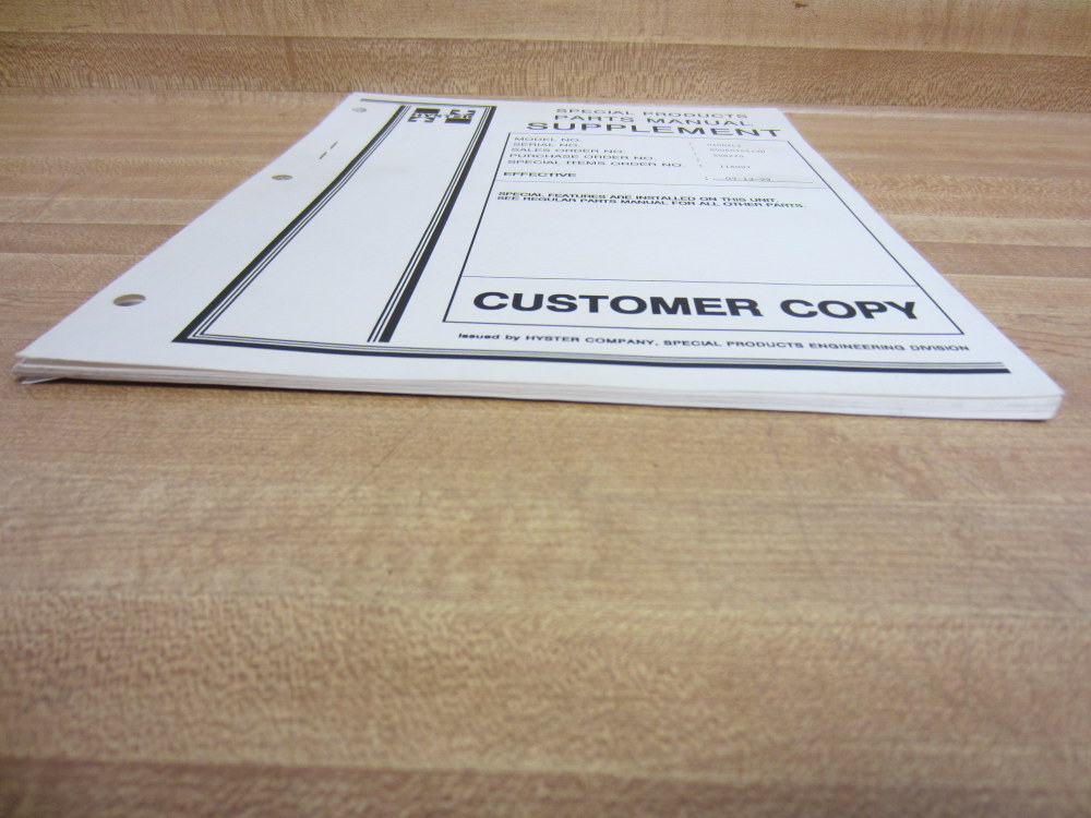 Hyster H100XL2 1999 Parts Manual Supplement Customer Copy Hy-H100XL2