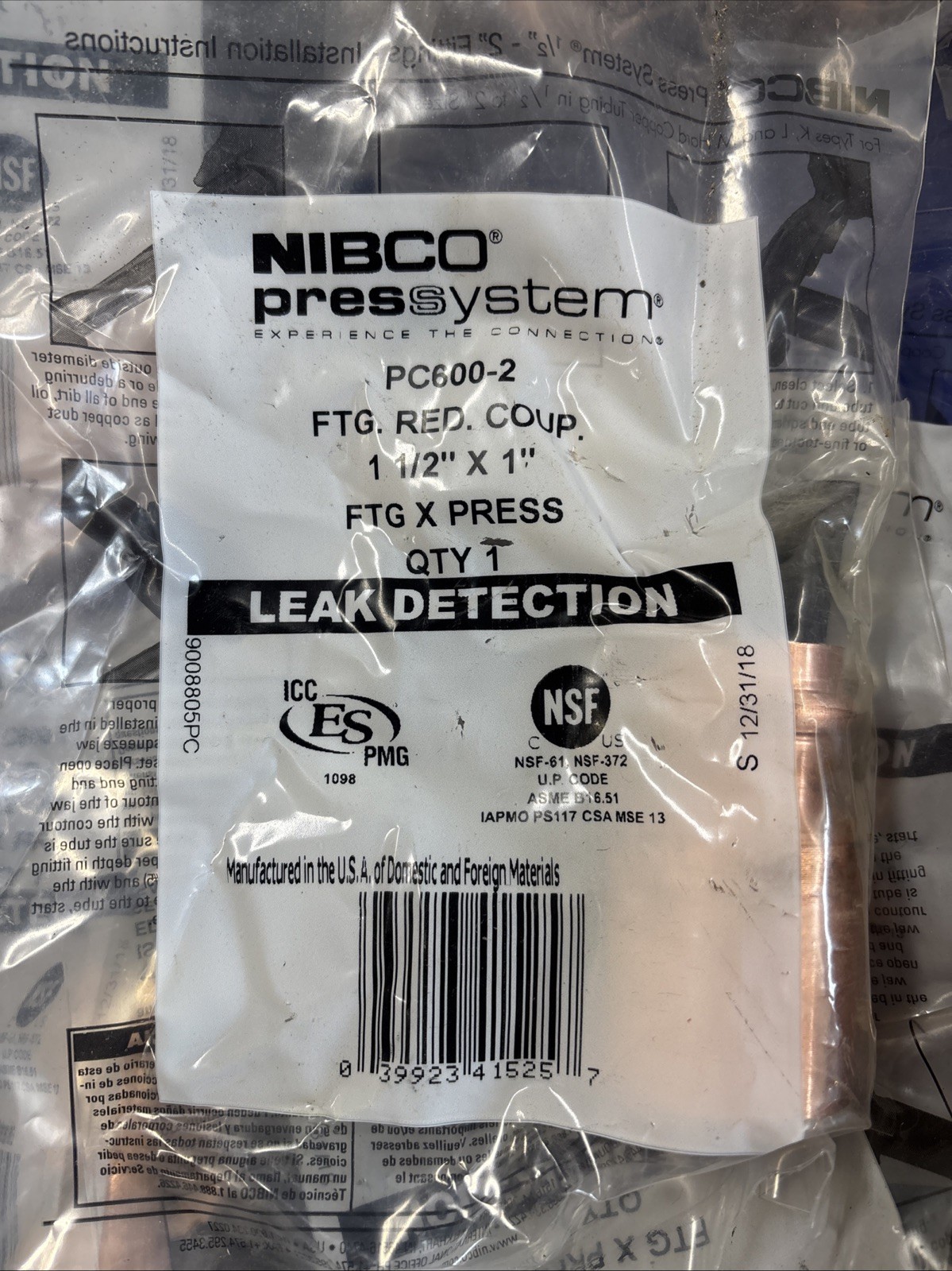 (2) NIBCO PC600-2 Press Copper Reducer Coupling(s) 1-1/2″ x 1″ FTG x Press