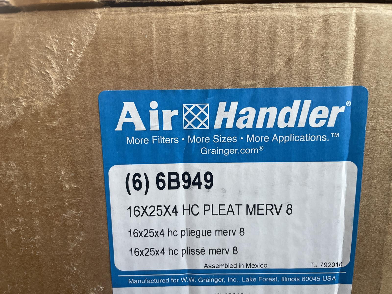 AIR HANDLER (6) 6B949 16X25X4 HC PLEAT MERV 8 FILTERS, BOX OF 6