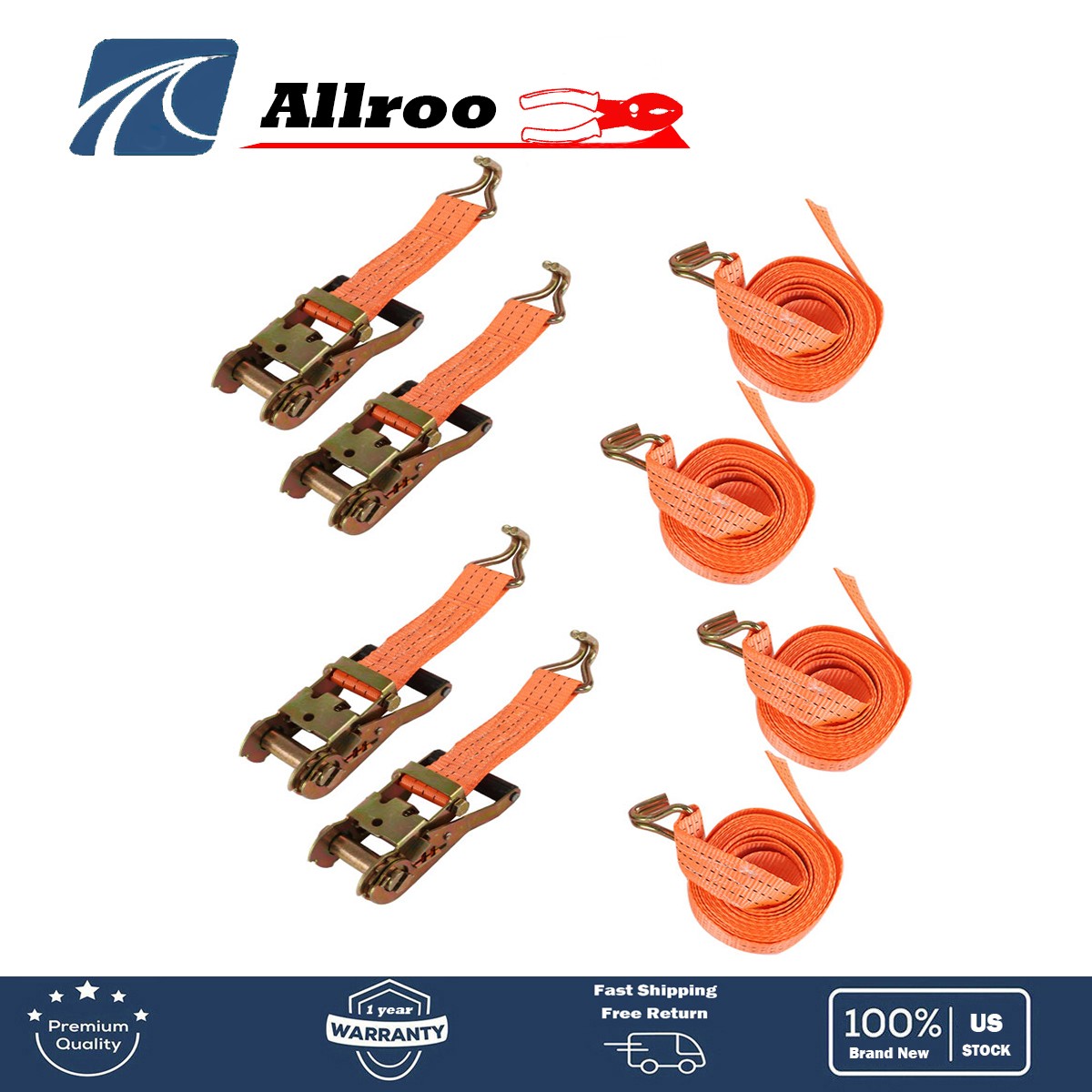 1.5″ x 15′ 4000 lb Ratchet Straps J Hook Heavy Duty Tie Downs New 4pcs