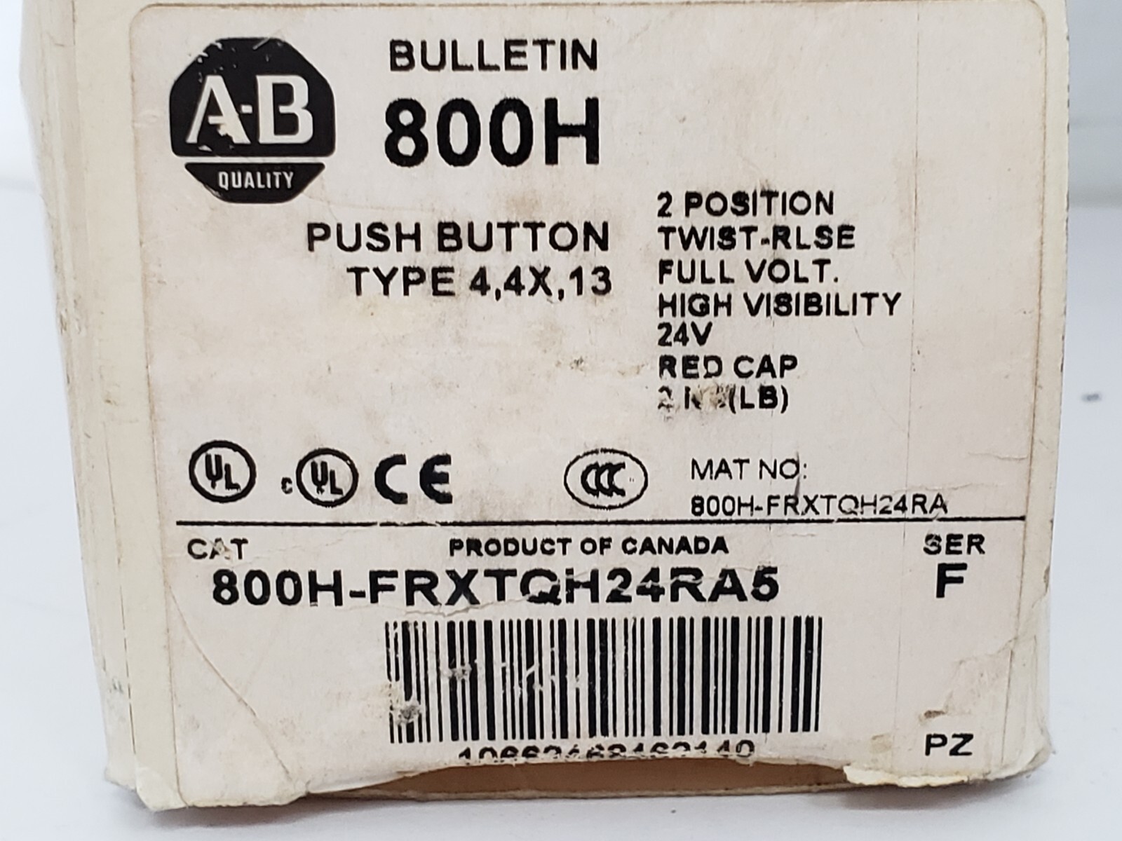ALLEN BRADLEY 800H-FRXTQH24RA5 PUSHBUTTON 2 POS TWIST-RELEASE ILLUM SER F NIB