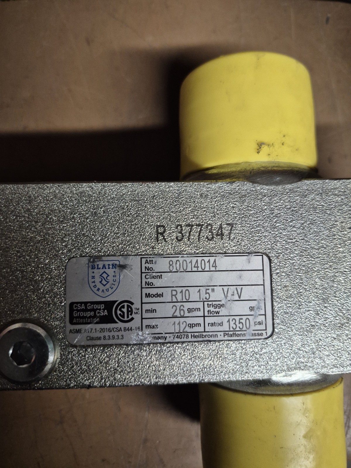 New Blain Hydraulics PRV-R10 Pipe Rupture Valve R10 1.5″ V-V