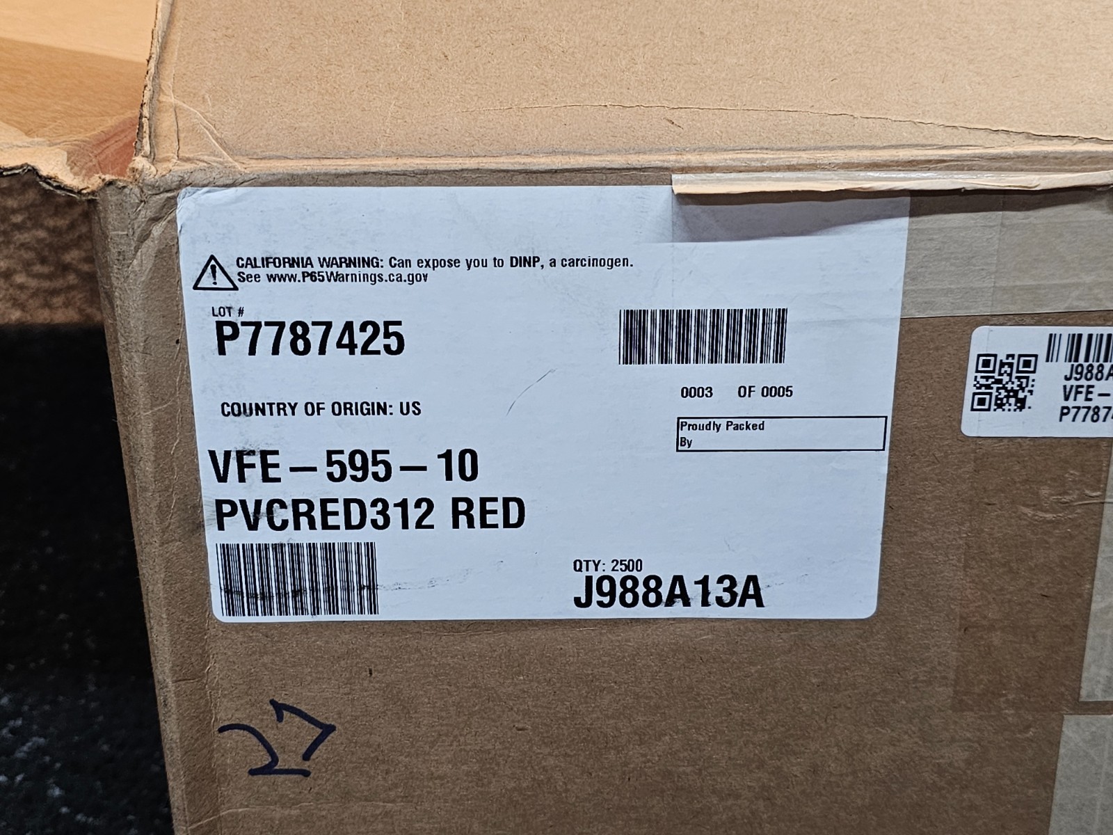 (QTY 2500) Caplugs PVCRED312 VFE-595-10 Red Vinyl