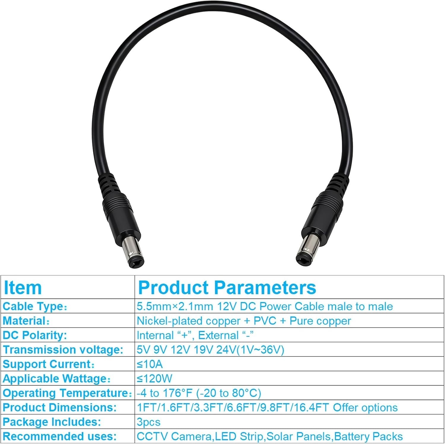 5.5Mm X 2.1Mm 12V DC Power Cable 3-Pack,Dc5521 Male to Male Extension Cable 18AW