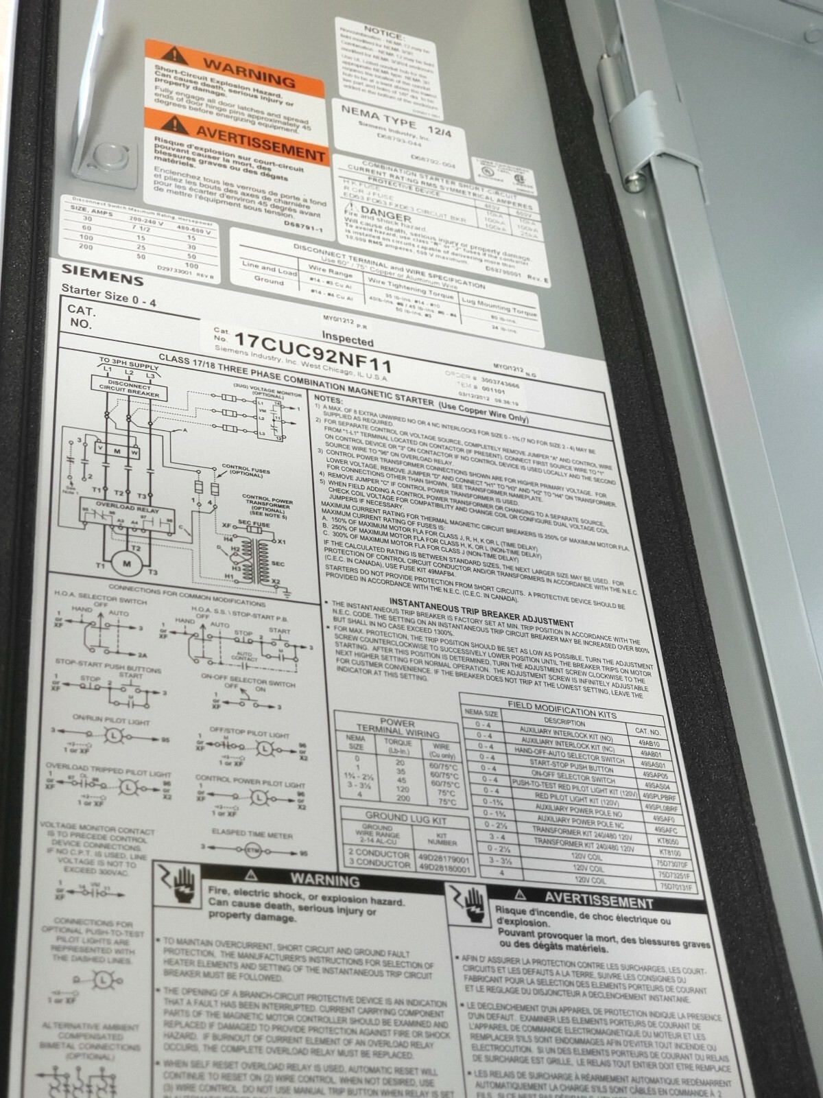 SIEMENS 17CUC92NF11, Starter,Fusible Combo FVNR SZ0,3-12Amps,N12/3R,120V, N£W