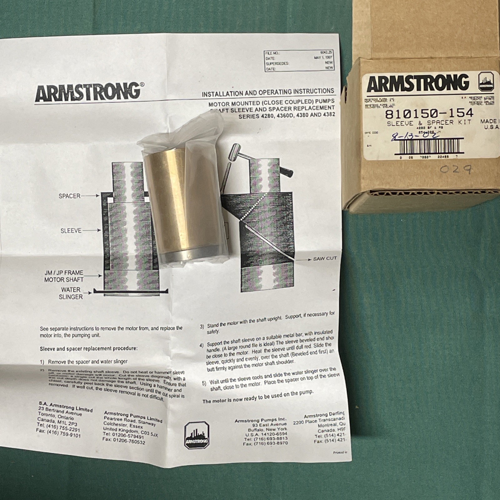 810150-154 Armstrong Sleeve & Spacer Kit (4280 BF & AB) New NOS W/ Instructions