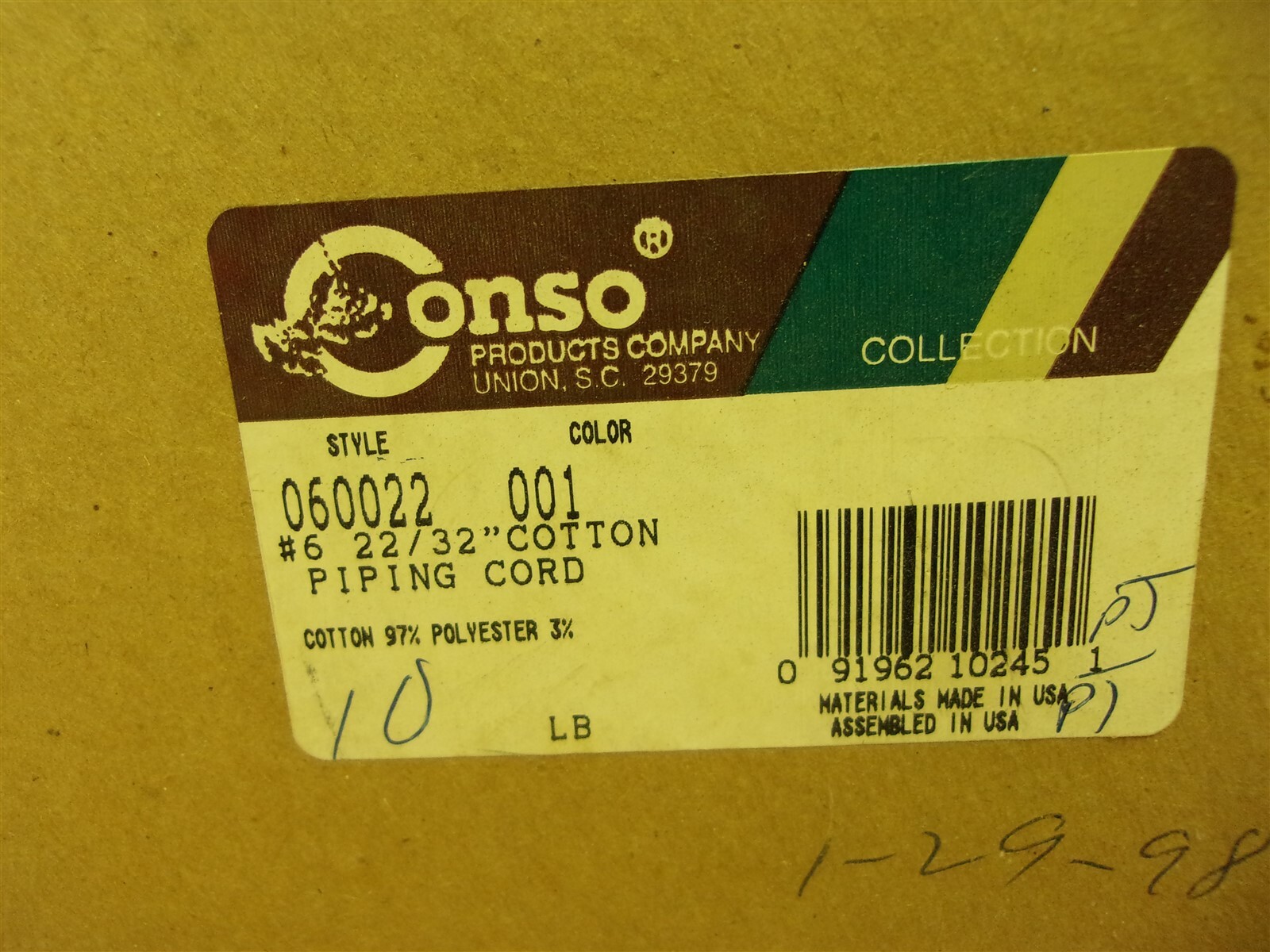 NEW Conso 060022 #62/32″ Cotton Piping Cord 10lb Color 001 *FREE SHIPPING*