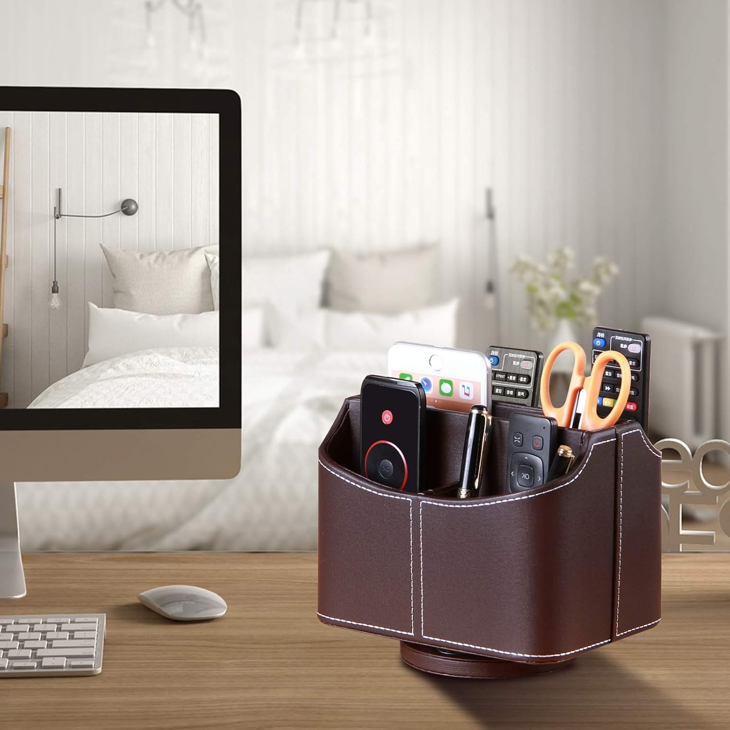 YAPISHI Leather Remote Control Holder, 360 Degree Spinning Desk TV 3# Brown
