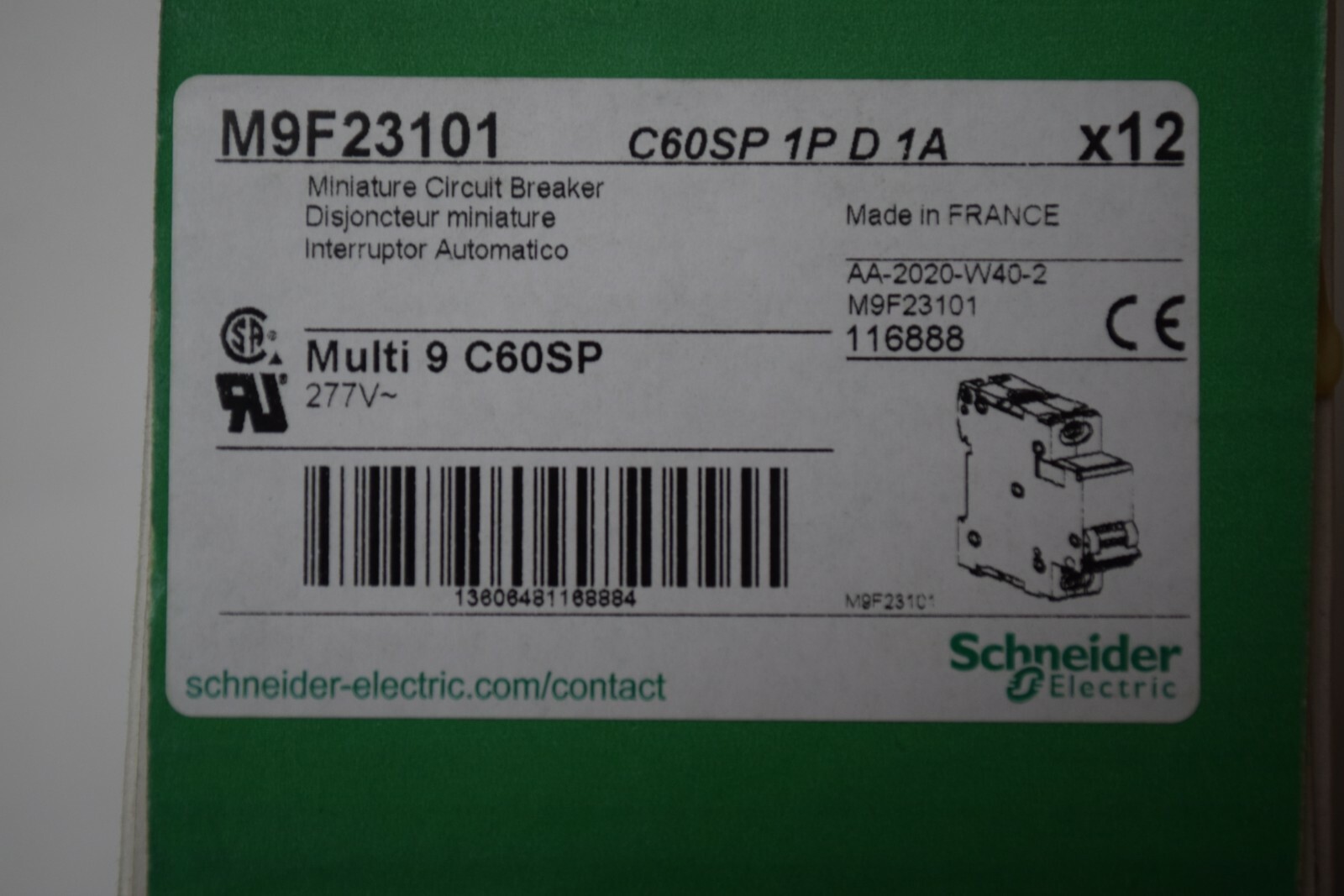 Schneider Electric M9F23101 Miniature Circuit Breaker Multi 9 C60SP 1P D 1A 277V