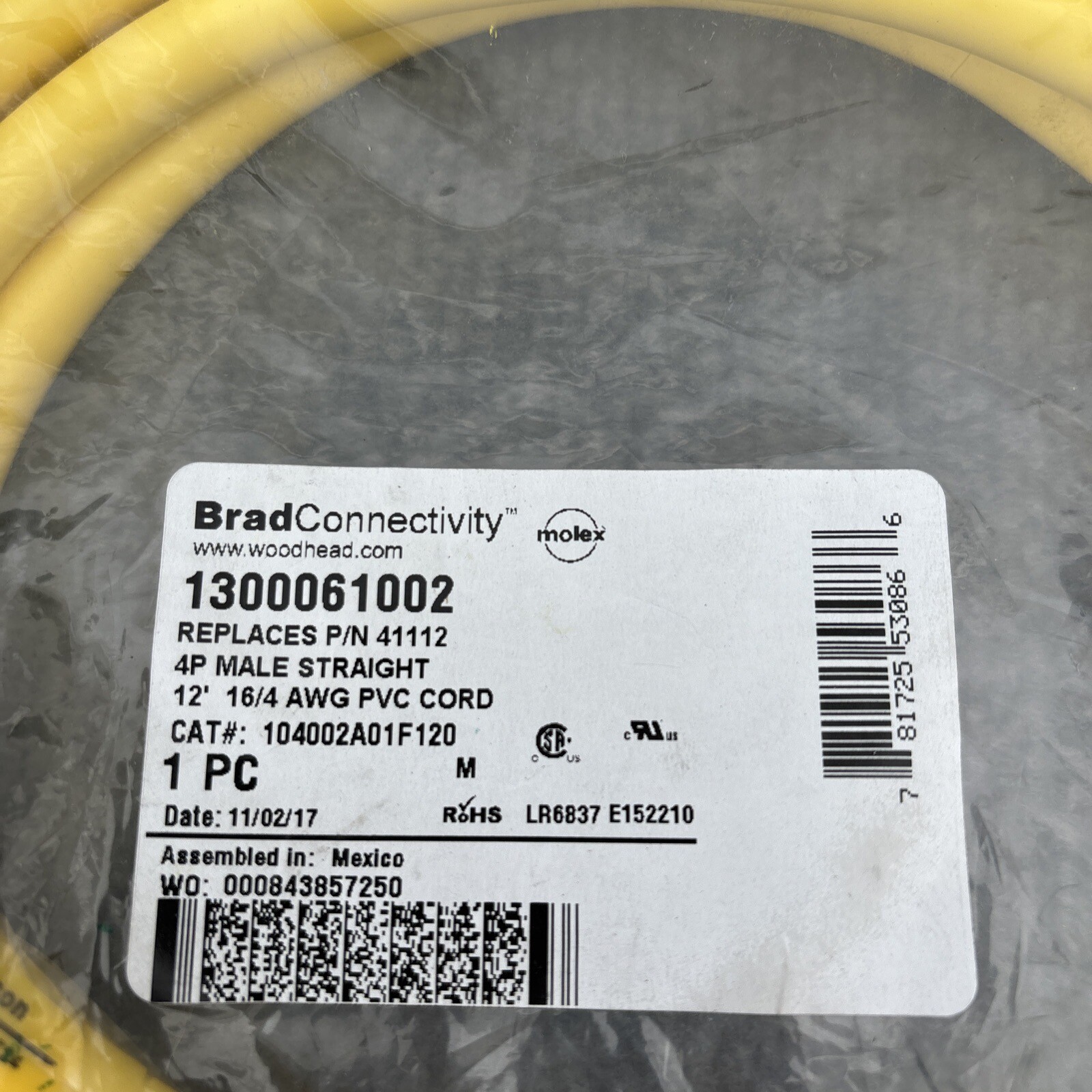 Woodhead 1300061002 Brad connectivity Male Straight cor set 4p 12′ 16/4awg pvc