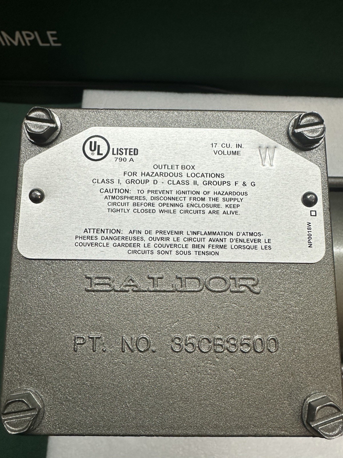BALDOR Electric Motor, 1 HP, 230/460V, 3 Phase, 3450 RPM, 56J, JM7013, Haz. Loc.
