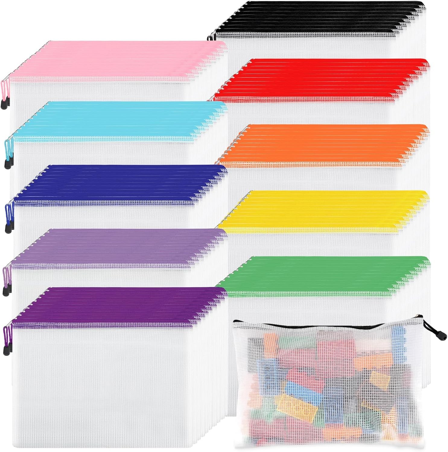 EOOUT 100pcs Mesh Zipper Pouch, A4 Size, 10 Colors Bags for Colorful