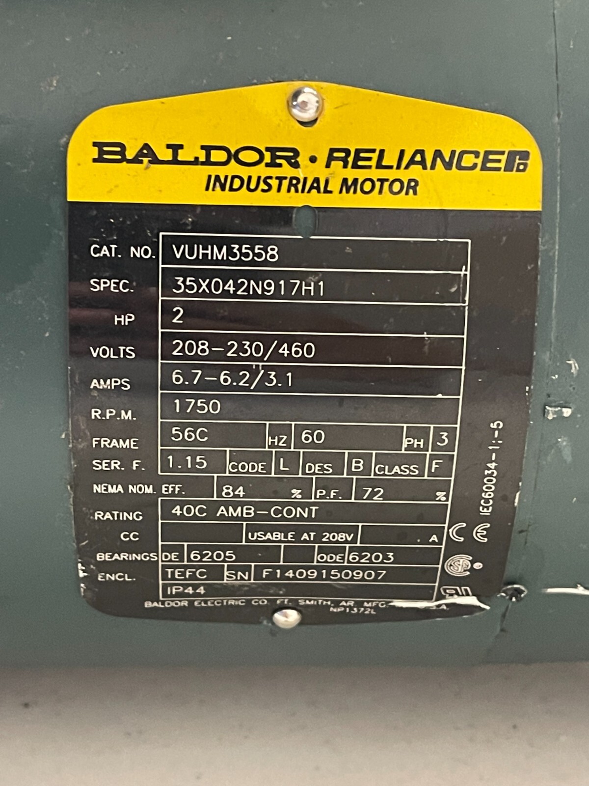 BALDOR RELIANCE INDUSTRIAL MOTOR VUHM3558 W/TIGEAR 2 GEAR REDUCER 30S15R