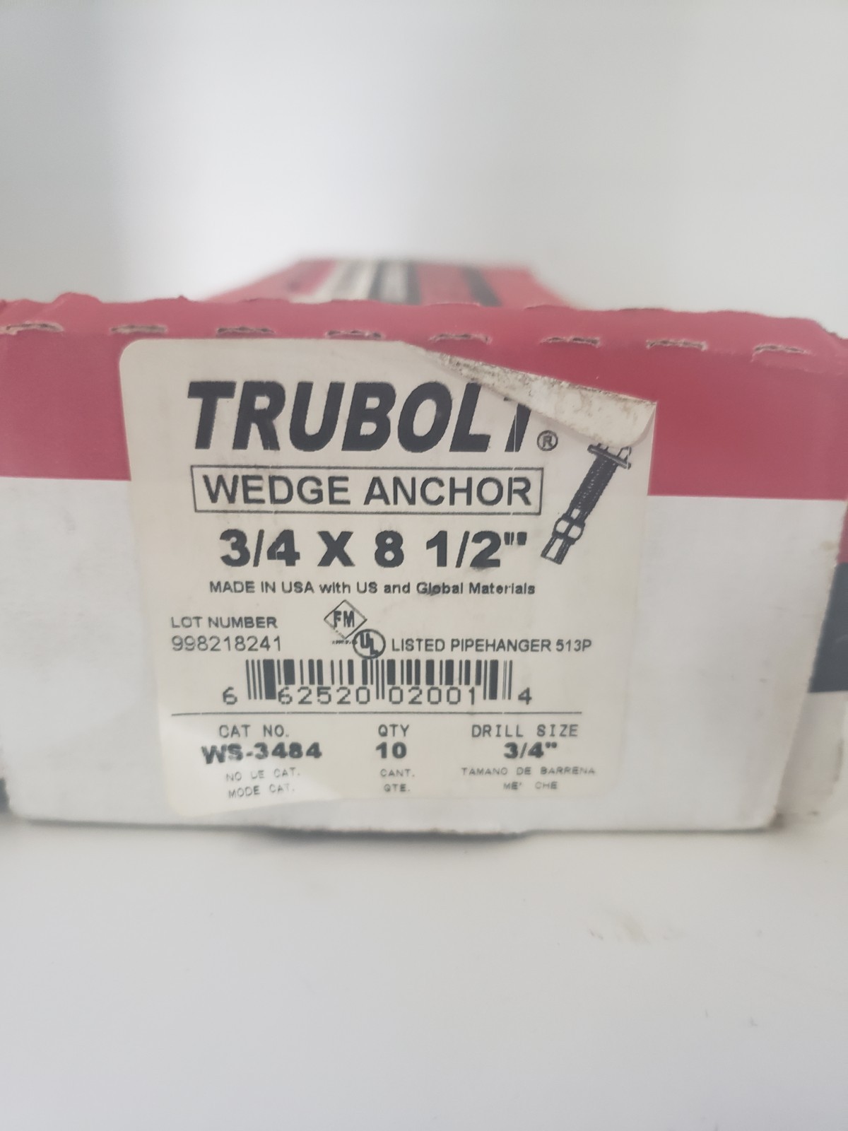 RED HEAD WS-3484 TRUBOLT CARBON STEEL WEDGE 3/4″ x 8-1/2″, BOX OF 10, NIB