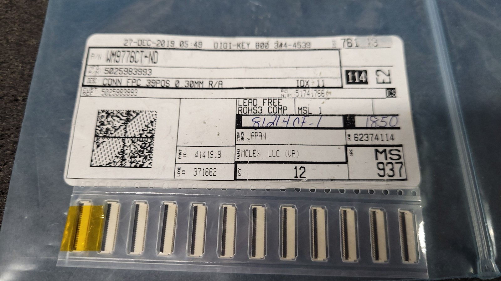 12pcs Molex 5025983993 WM9776CT-ND CONN FPC 39POS 0.3MM R/A