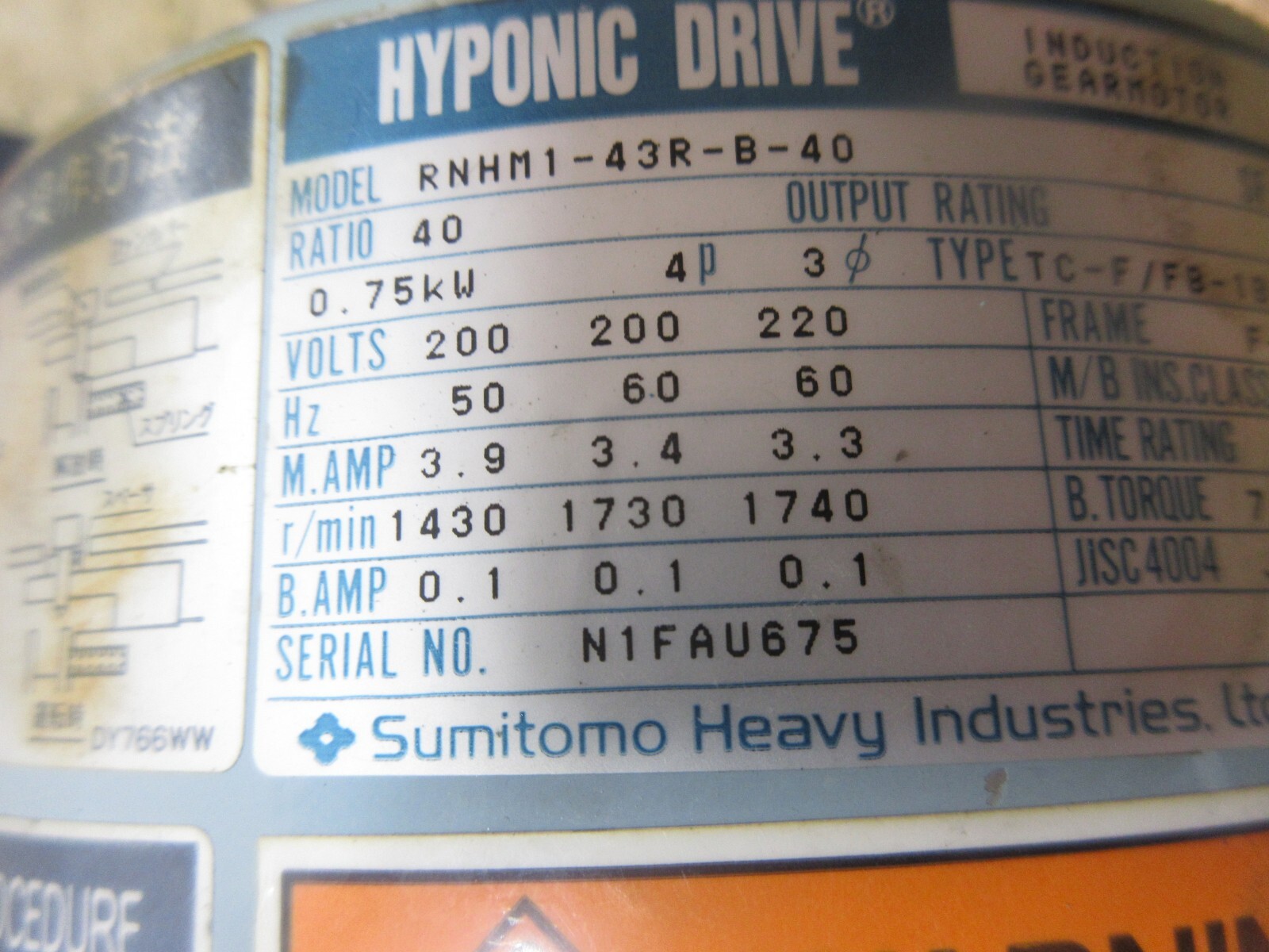SUMITOMO HYPONIC DRIVE GEAR MOTOR RNHM1-43R-B-40 0.75KW 4P TC-F/FB-1B F-80
