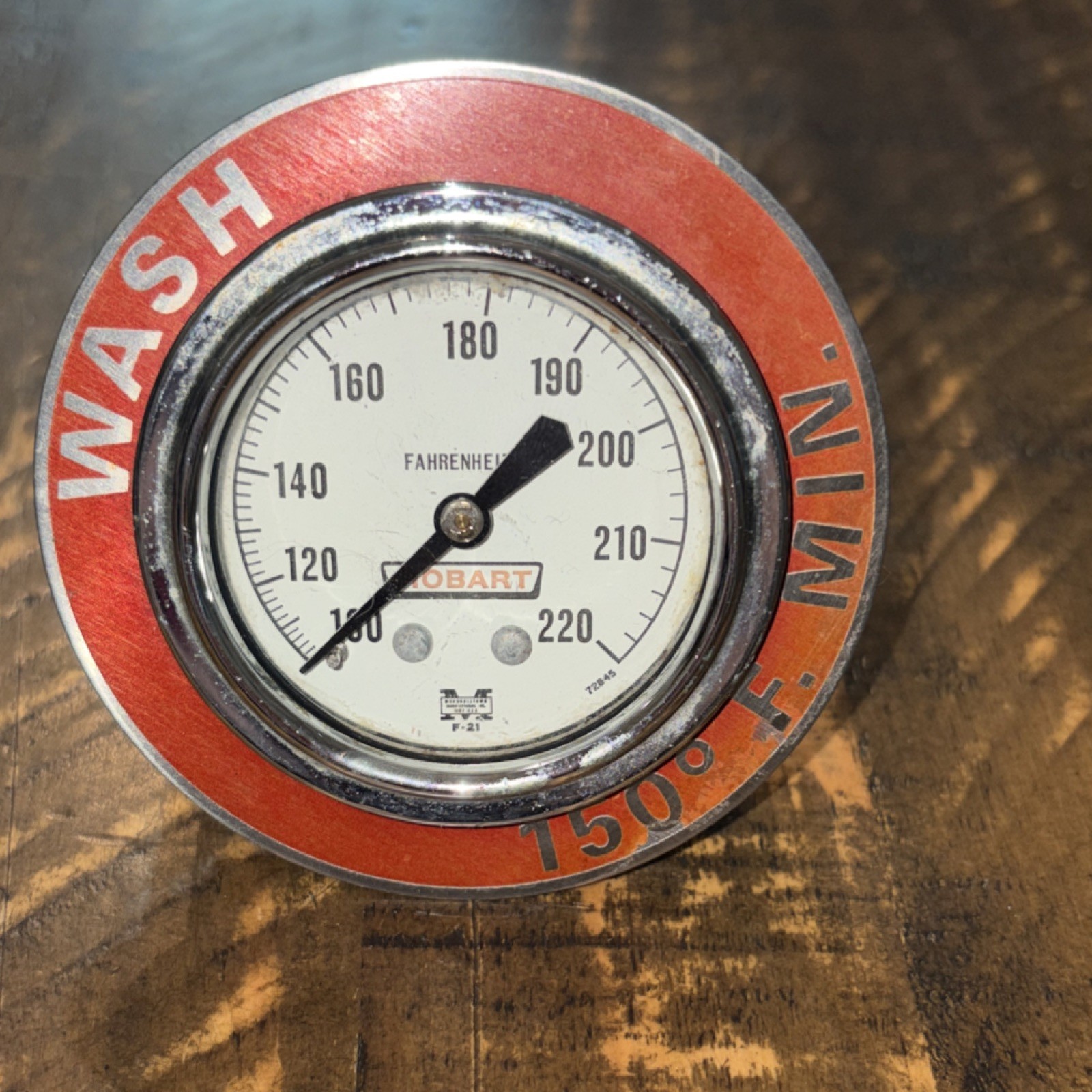 HOBART Round Dial “WASH” Temperature Gauge 120-220°F Fahrenheit Scale Red/Chrome