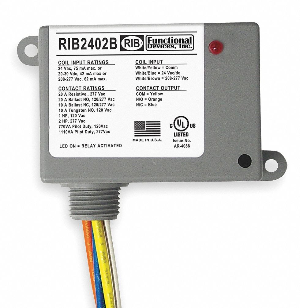 Functional Devices RIB2402B 20A SPDT Power Relay, 24V AC-DC-208-277V AC Coil